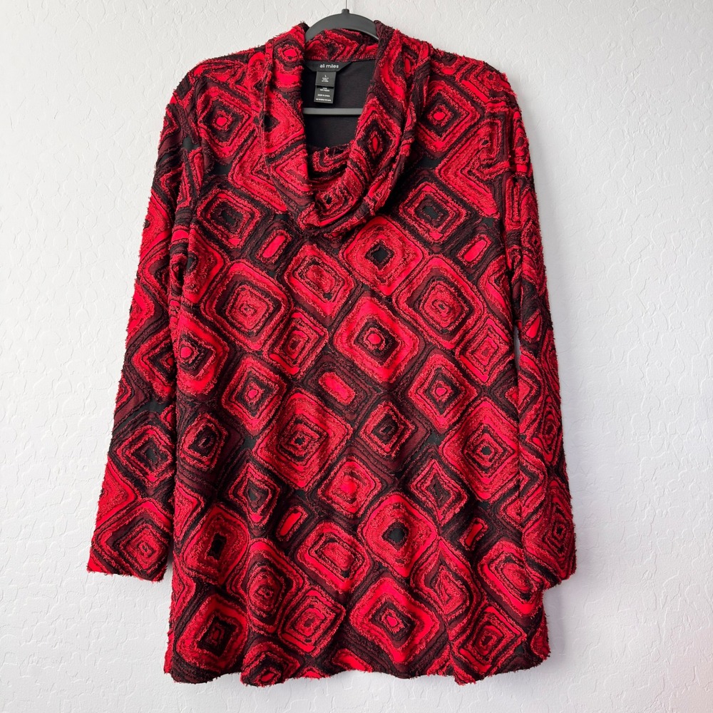 Ali Miles Red Black Geometric Cowl Neck Long Sleeve‎ Tunic Dress Large